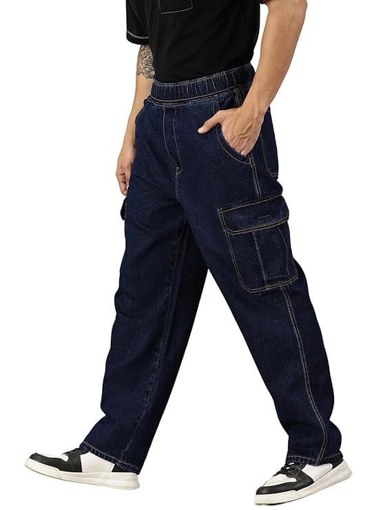 THIRD QUADRANT Cargo Jogger Baggy Jeans for Men | Loose fit Washed Jeans for Men | Utility Cargo Pant for Men